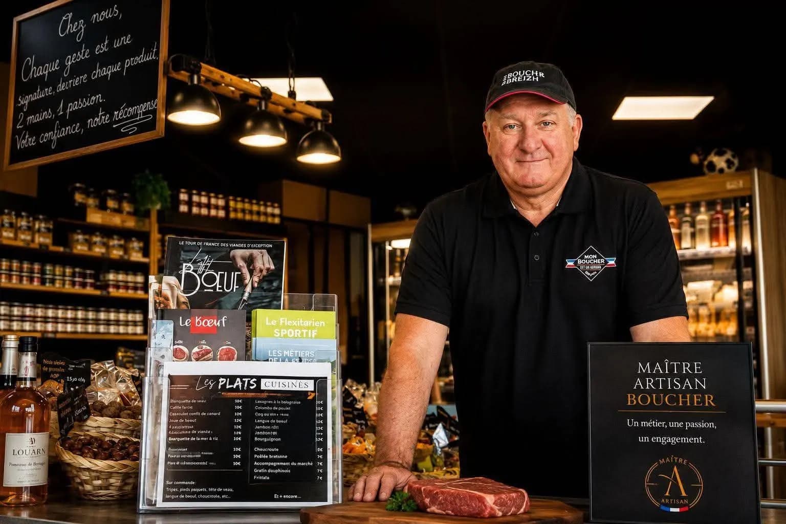 Dominique Drouadaine, Maître Artisan Boucher, au comptoir de la boucherie